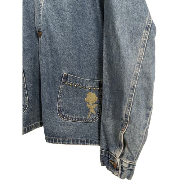 Womens Plus 3X Studded Floral Glitter Distressed Denim Button Trucker Jacket - Picture 5 of 9